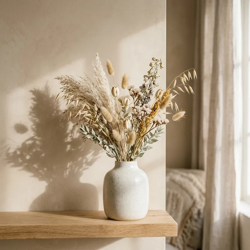 Ästhetisches Detail: Trockenblumen in einer Vase mit weichem Lichtfall