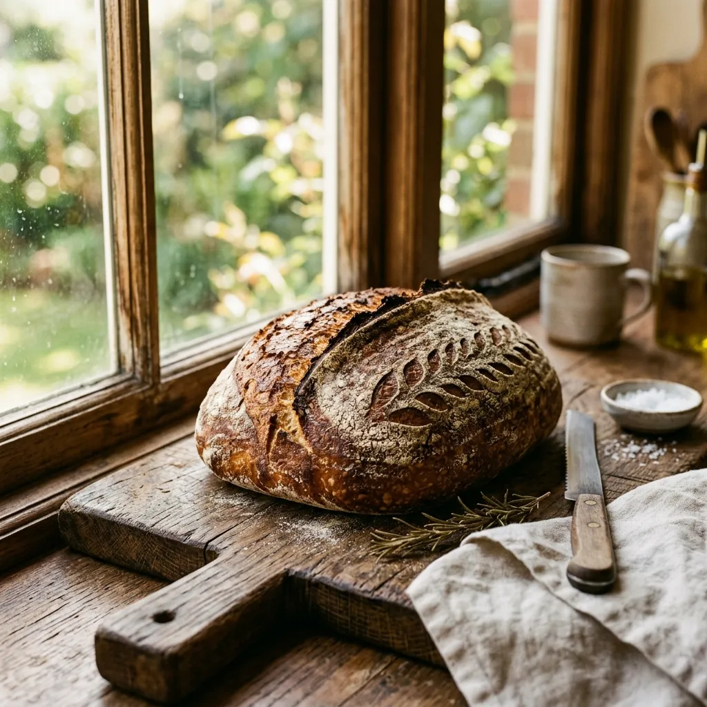Großes Bauernbrot auf einem Holzbrett am Fenster.