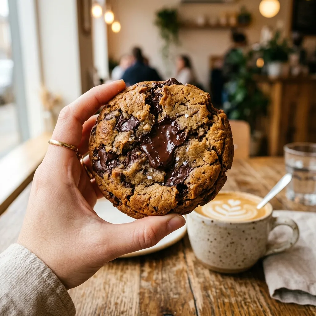 Großer dunkler Schokoladenkeks in einer Hand.