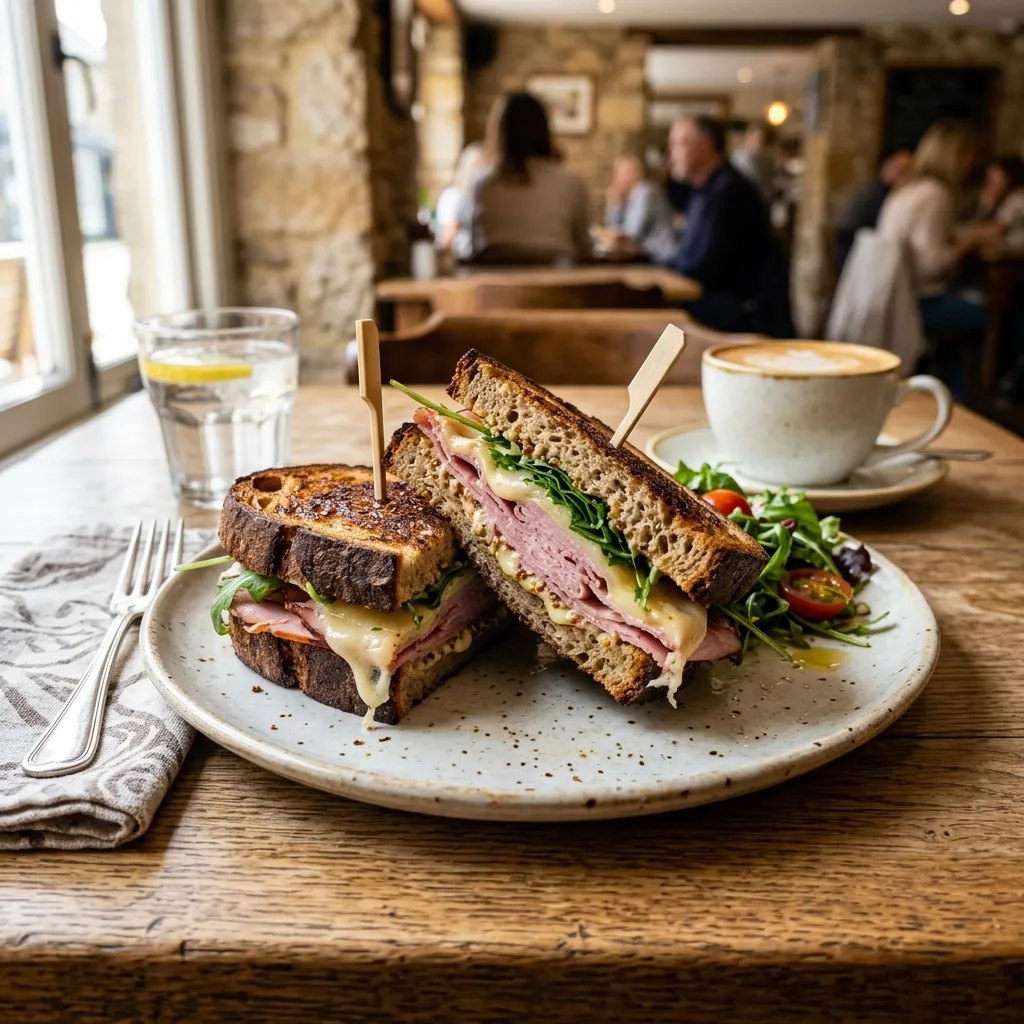 Belegte Stulle mit Käse, Gurke und Tomaten auf einem Teller.
