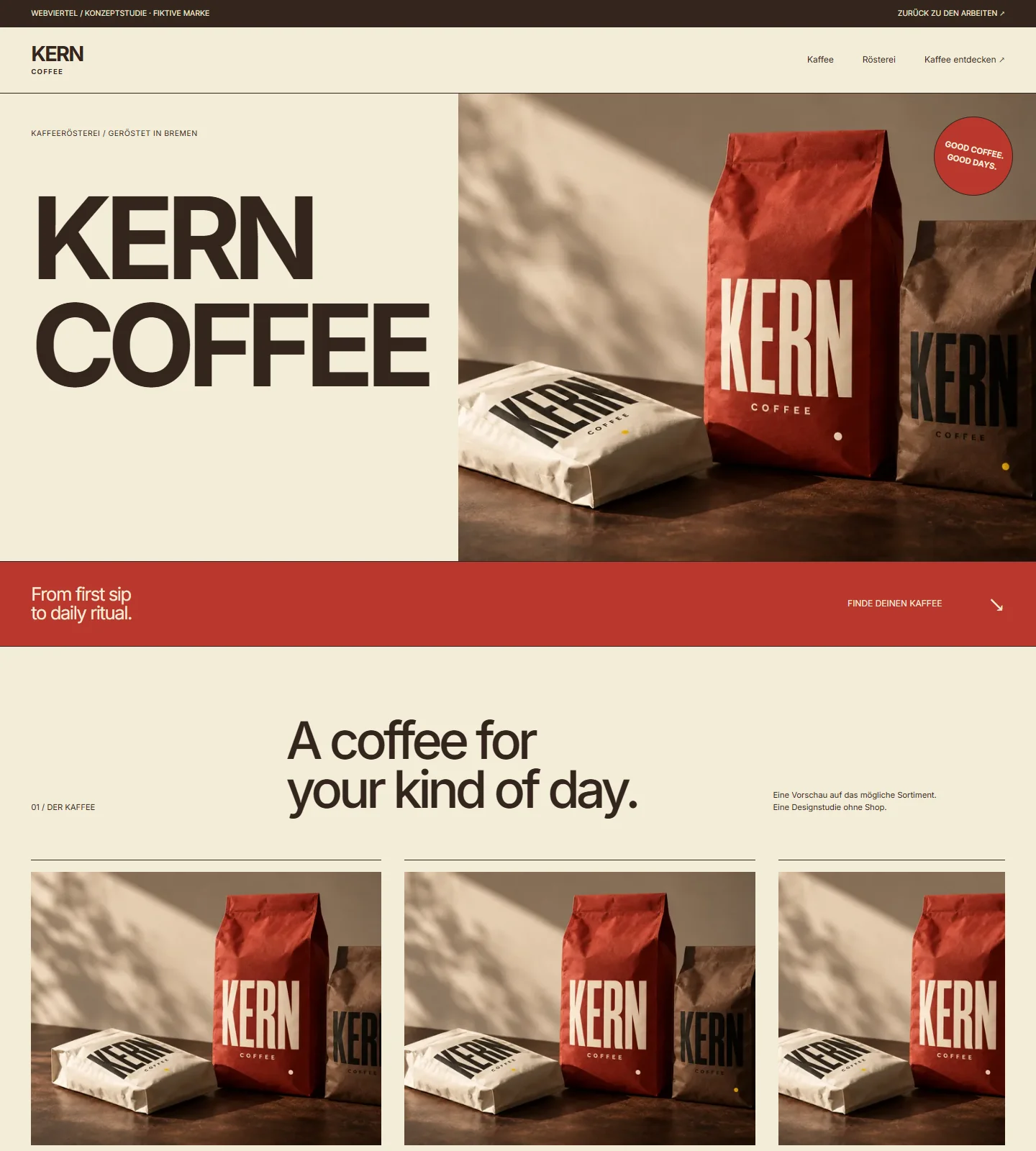 Screenshot der Website-Konzeptstudie Kern Coffee