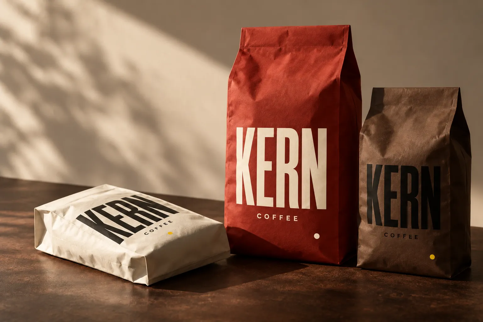 Verpackungskonzept für Kern Coffee: cremefarbene, rote und braune Kaffeebeutel