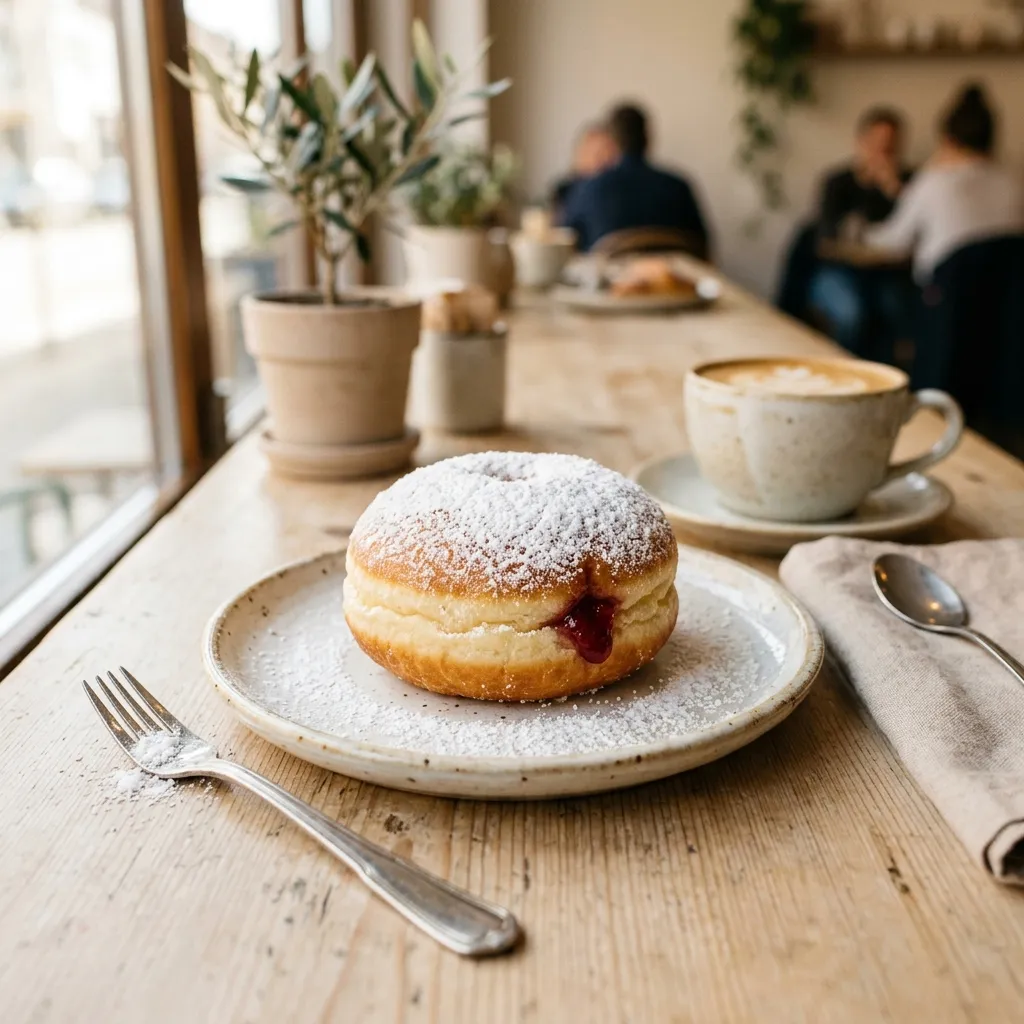 Puderzucker-Berliner auf einem Teller.