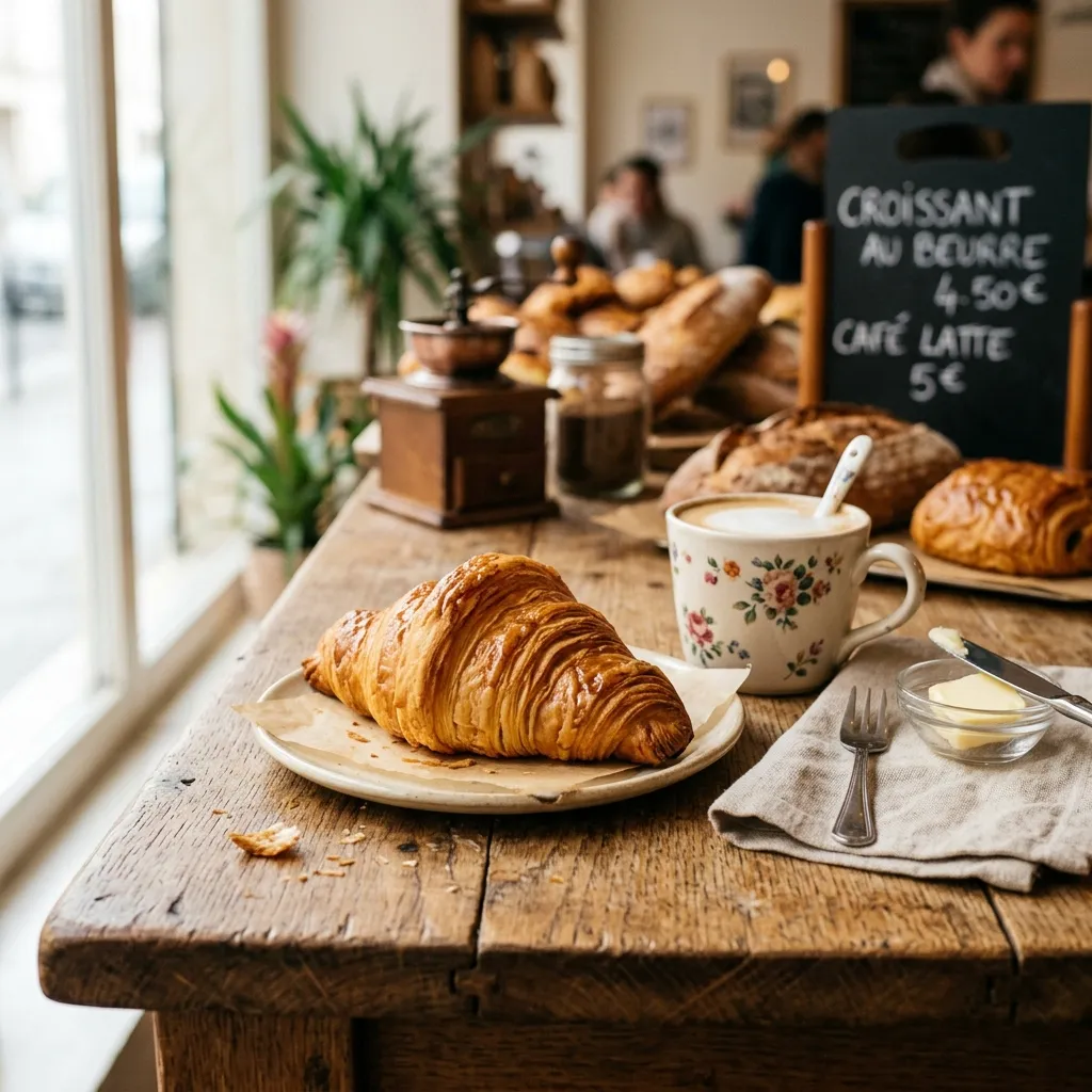 Goldbraunes Croissant auf einem Holztisch.