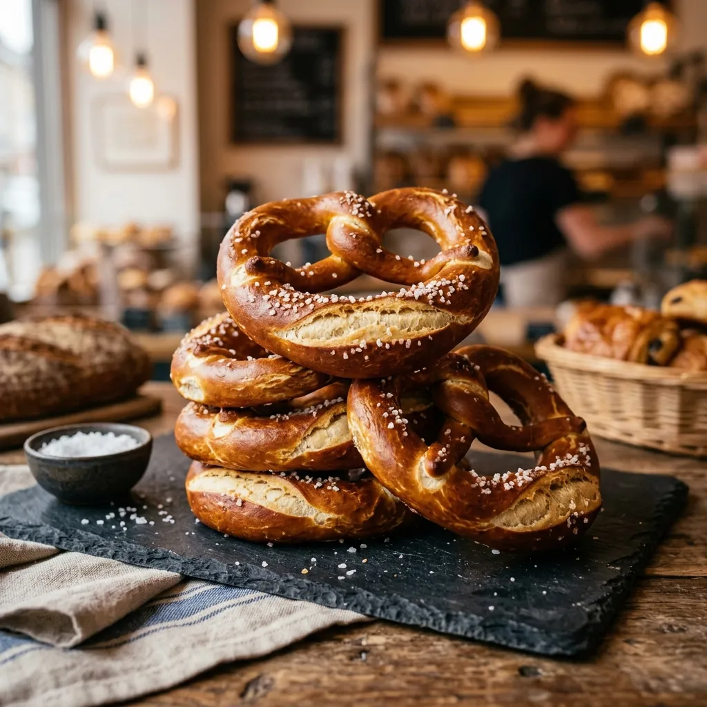 Gestapelte Laugenbrezeln auf einem dunklen Steinbrett.