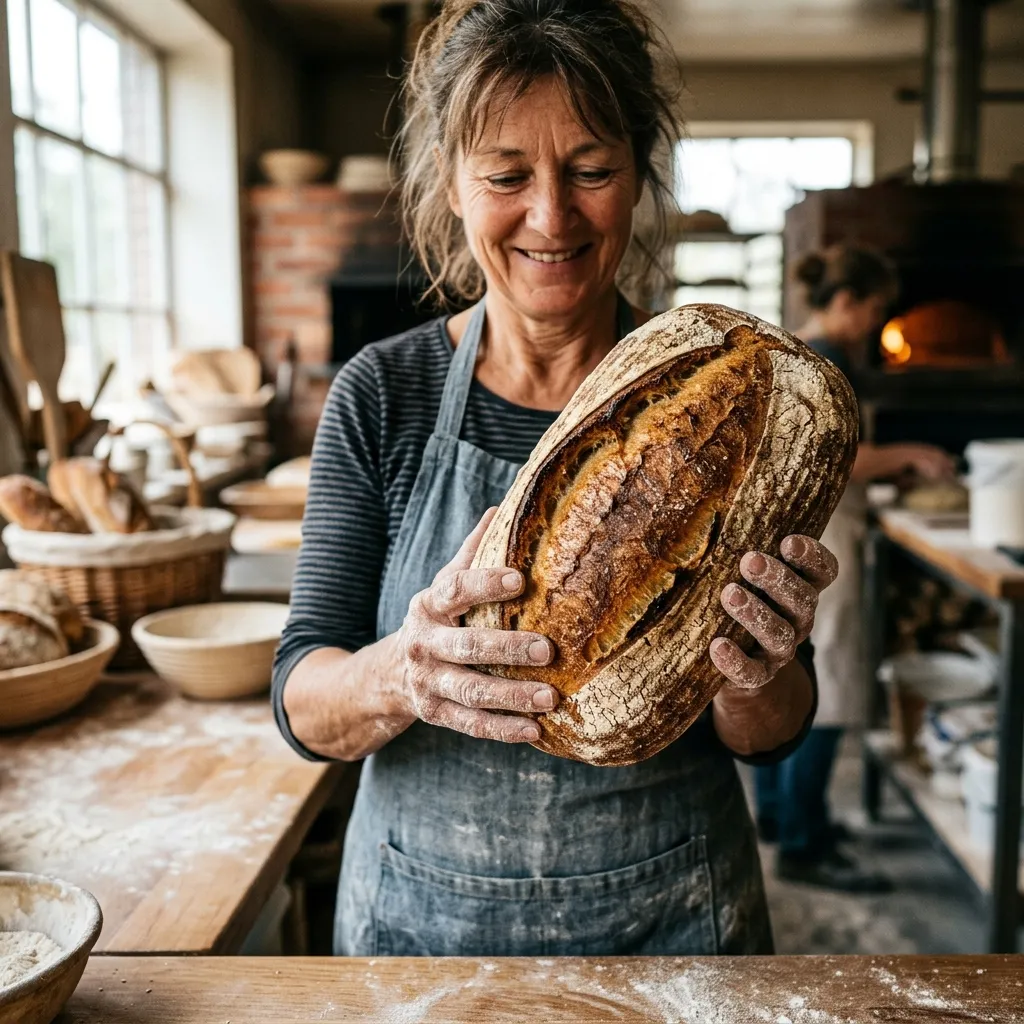 Großer rustikaler Laib Brot in den Händen einer Person.